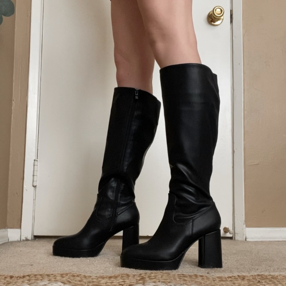 Faux Leather Knee-High Platform Block Heel Boots